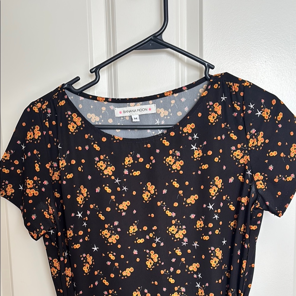 Bananamoon black flower Sheath Midi Dress Crew Neck Short Sleeve
